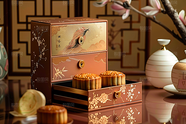 中秋月饼礼盒精致礼品摄影图