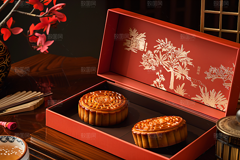 中秋月饼礼盒礼品甜点摄影图