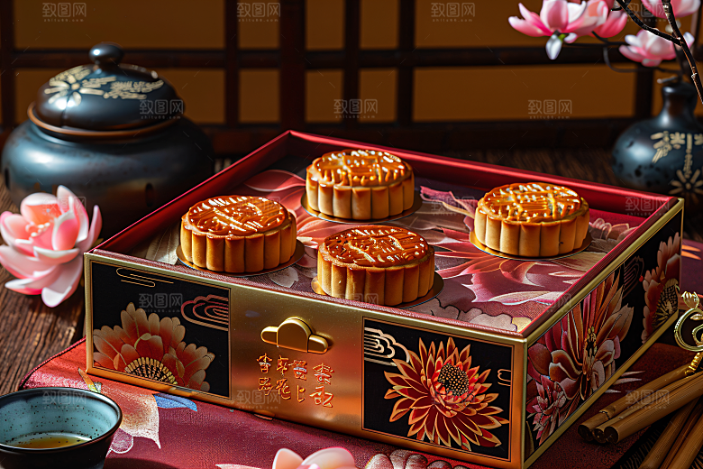 中秋月饼礼盒传统节日美味摄影图