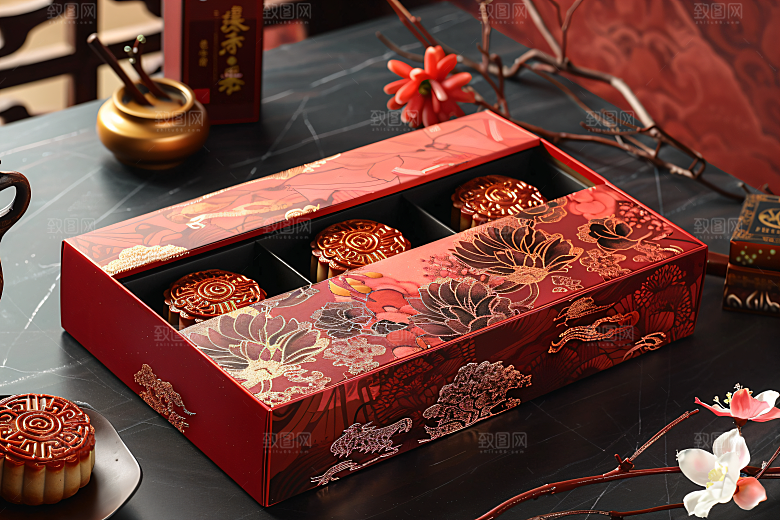中秋月饼礼盒精致莲蓉月饼摄影图