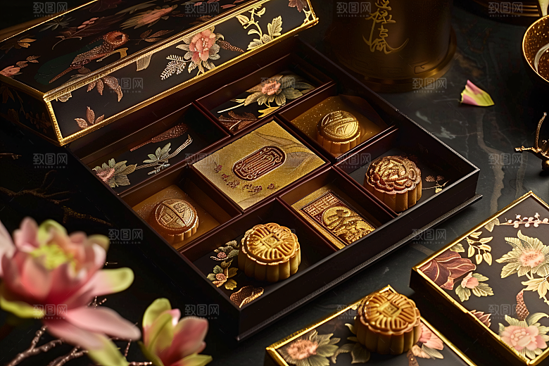 中秋月饼礼盒美味广式月饼摄影图
