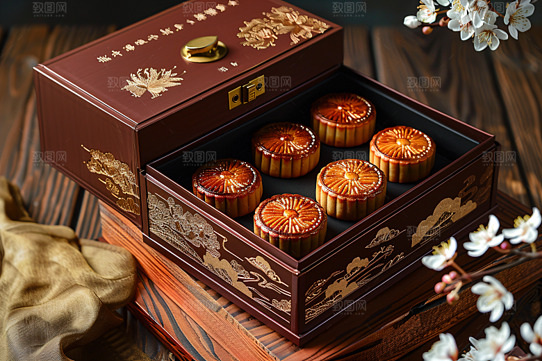 中秋月饼礼盒习俗美味摄影图
