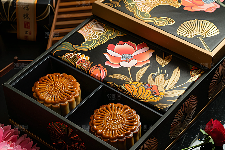 中秋月饼礼盒高清传统节日摄影图