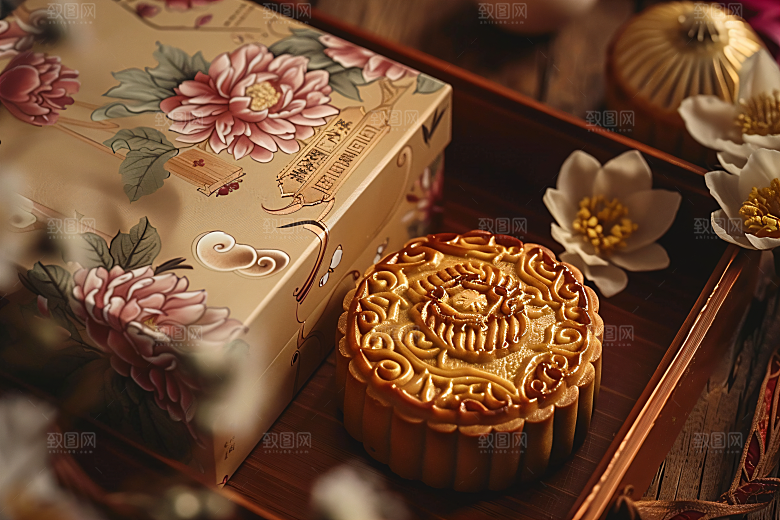 中秋月饼礼盒精致传统美食摄影图