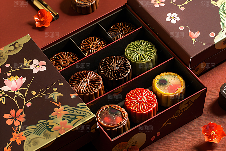 中秋月饼礼盒中秋节美味摄影图