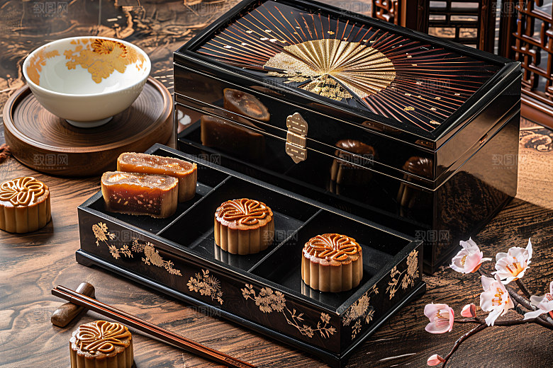 中秋月饼礼盒中秋节甜点摄影图