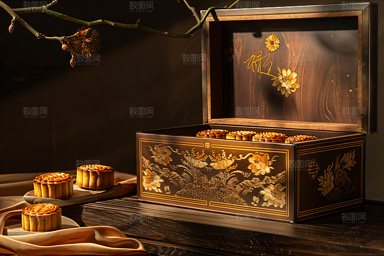 中秋月饼礼盒美食精致摄影图