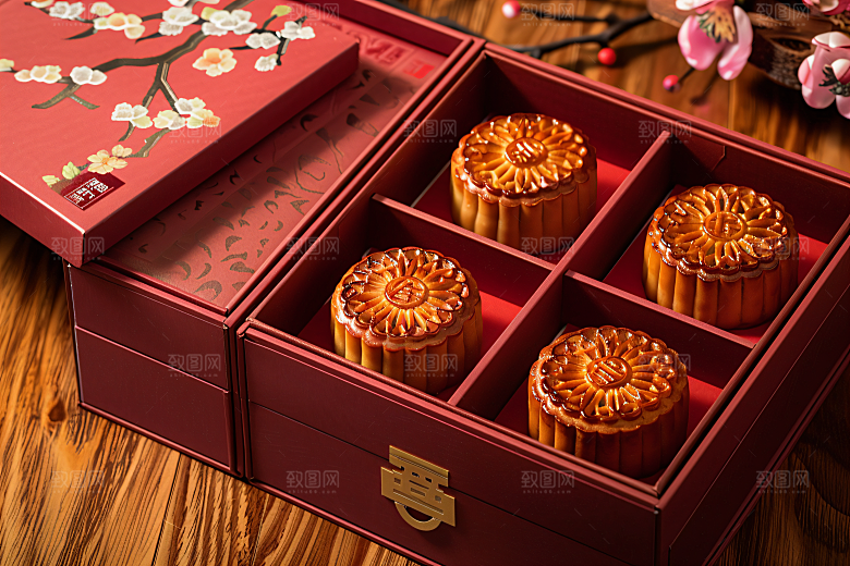 中秋月饼礼盒精致习俗摄影图