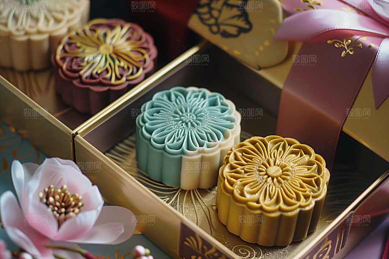 中秋月饼礼盒糕点莲蓉月饼摄影图