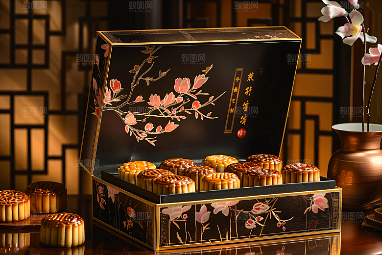 中秋月饼礼盒礼品传统美食摄影图
