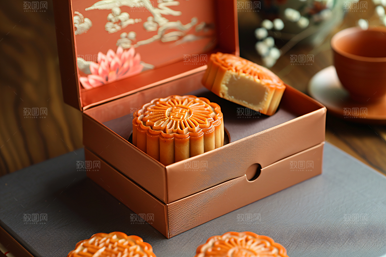 中秋月饼礼盒传统美食中秋节摄影图