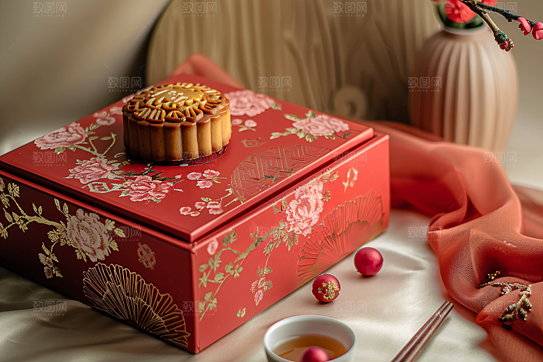中秋月饼礼盒莲蓉月饼糕点摄影图