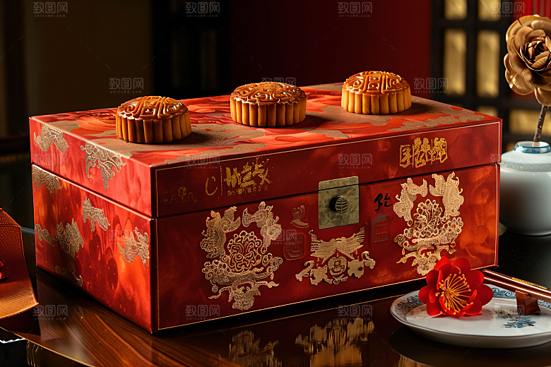 中秋月饼礼盒美味莲蓉月饼摄影图