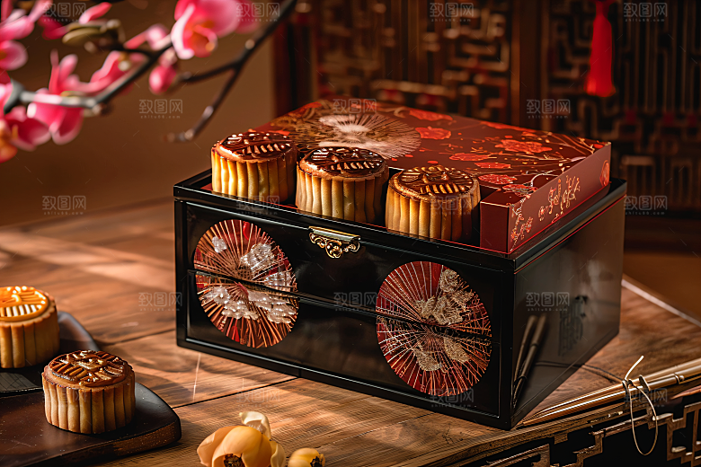 中秋月饼礼盒甜点中秋节摄影图