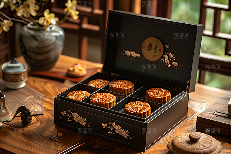 中秋月饼礼盒甜点糕点摄影图