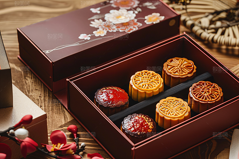 中秋月饼礼盒莲蓉月饼传统美食摄影图