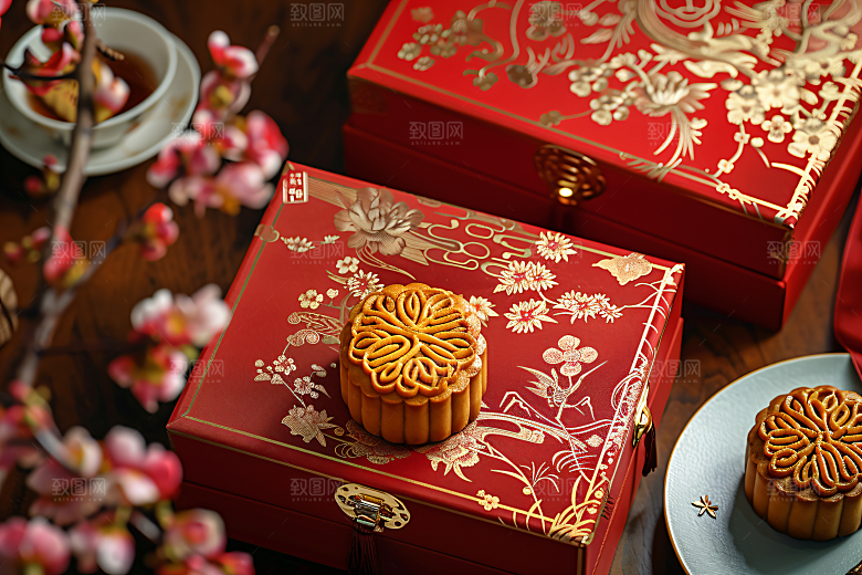 中秋月饼礼盒高清传统节日摄影图