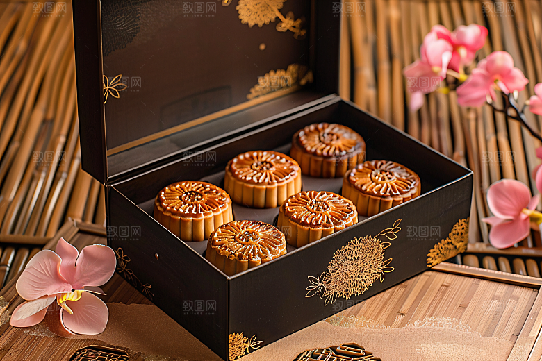中秋月饼礼盒精致美食摄影图