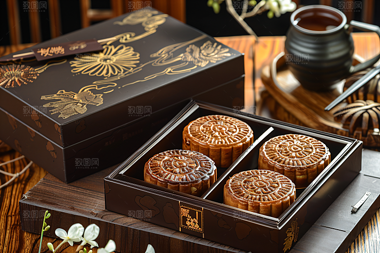 中秋月饼礼盒传统美食甜点摄影图