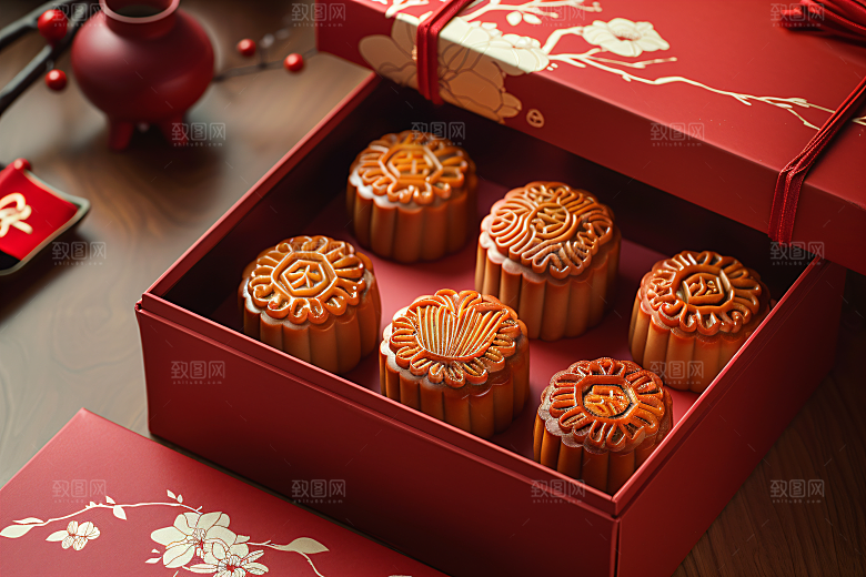 中秋月饼礼盒莲蓉月饼传统美食摄影图