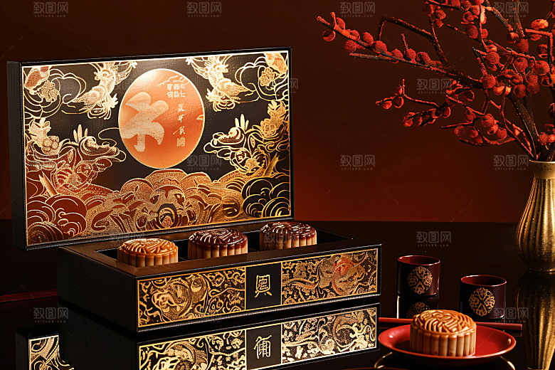 中秋月饼礼盒糕点礼品摄影图