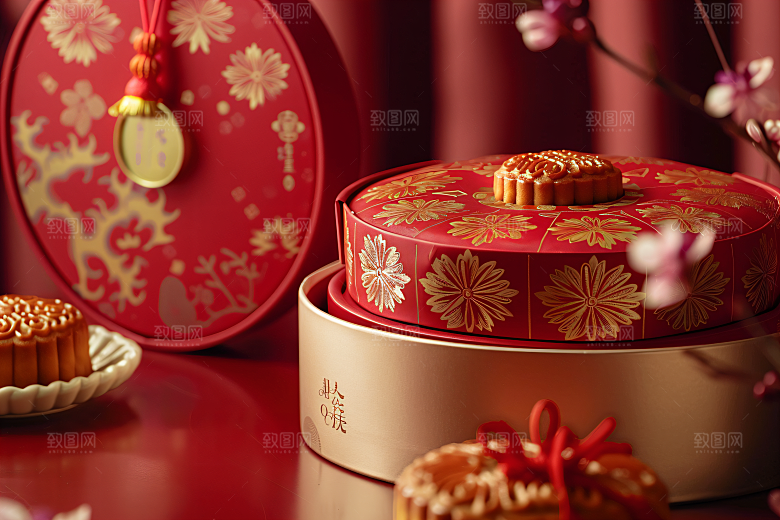 中秋月饼礼盒甜点传统节日摄影图