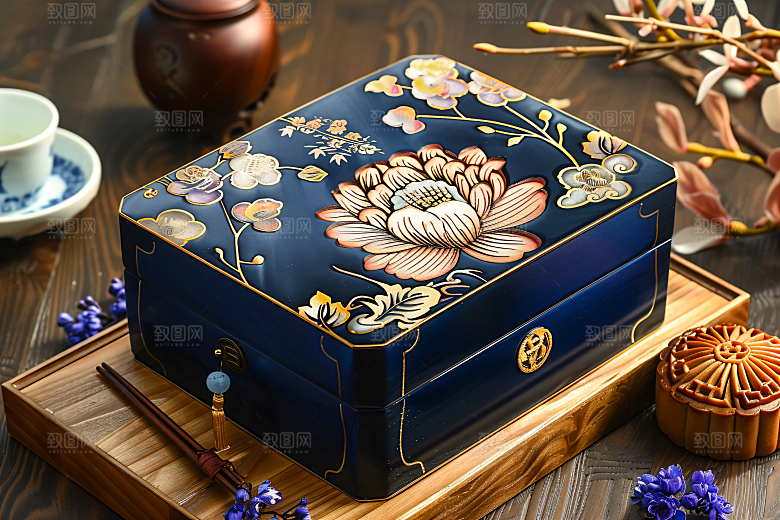 中秋月饼礼盒礼品习俗摄影图