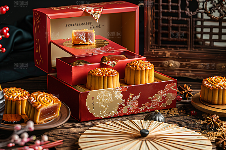 中秋月饼礼盒传统节日礼品摄影图