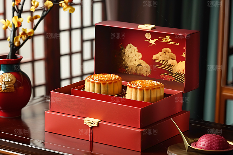 中秋月饼礼盒糕点精致摄影图