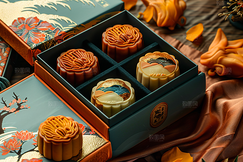 中秋月饼礼盒甜点莲蓉月饼摄影图
