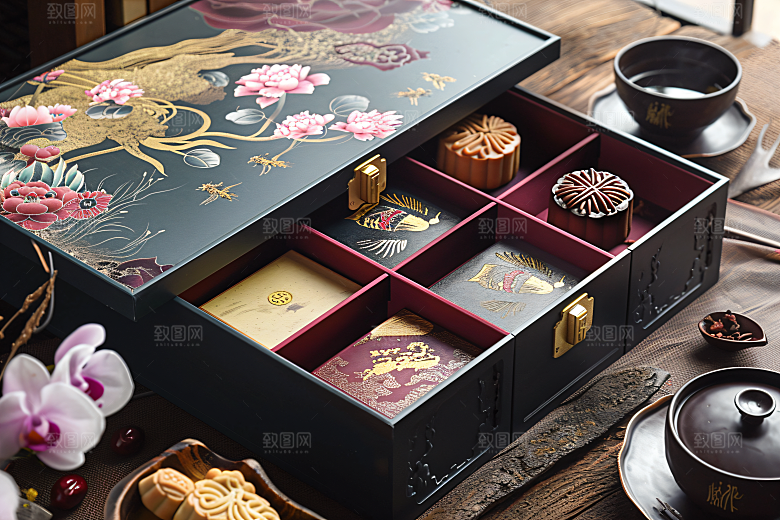 中秋月饼礼盒中秋节习俗摄影图