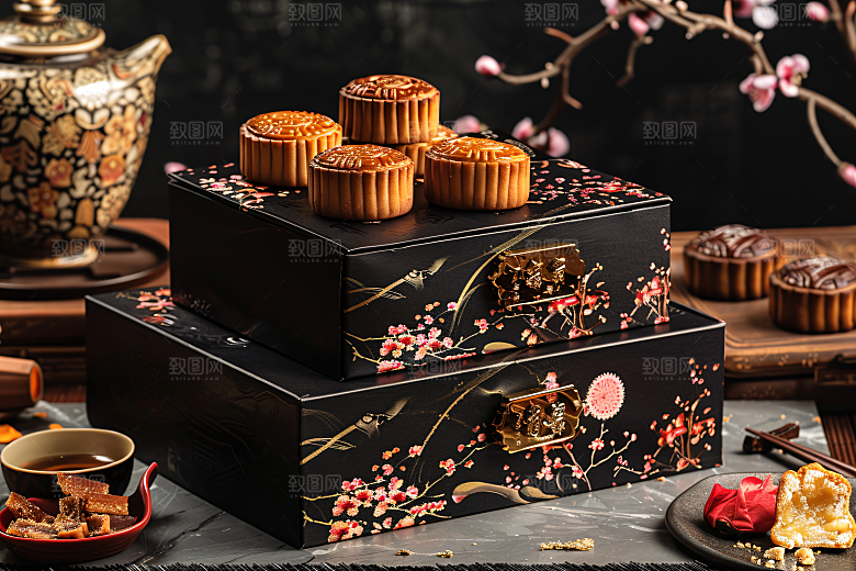 中秋月饼礼盒甜点广式月饼摄影图