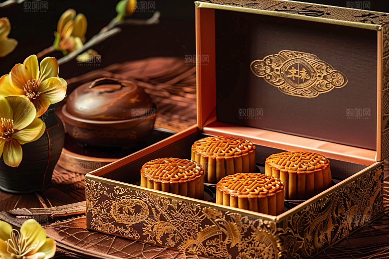 中秋月饼礼盒传统节日糕点摄影图