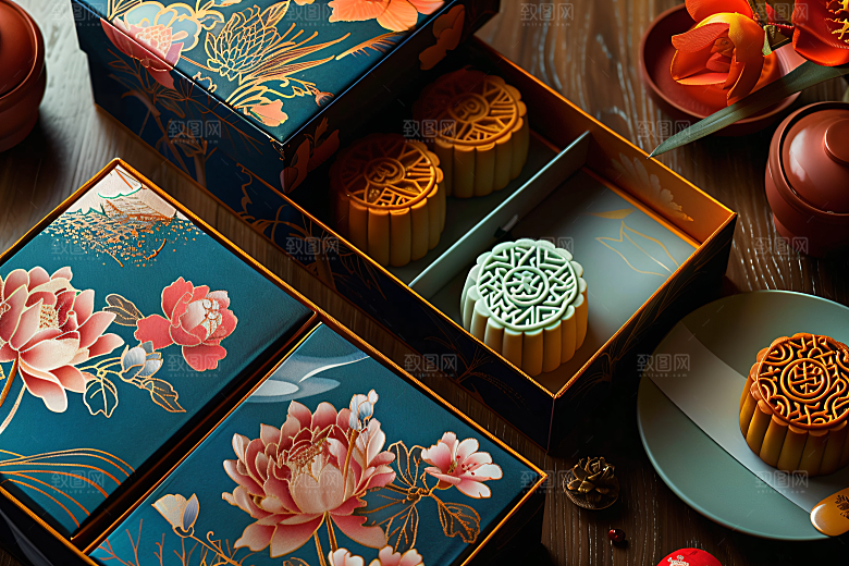 中秋月饼礼盒传统美食精致摄影图