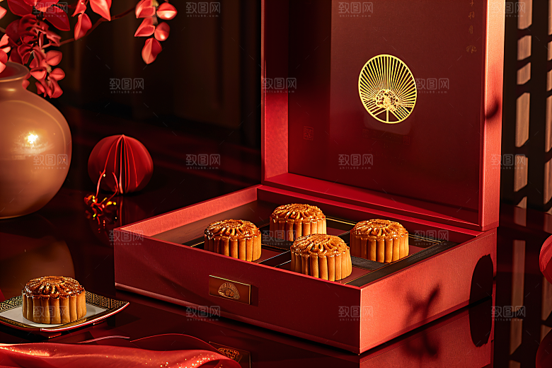 中秋月饼礼盒糕点习俗摄影图