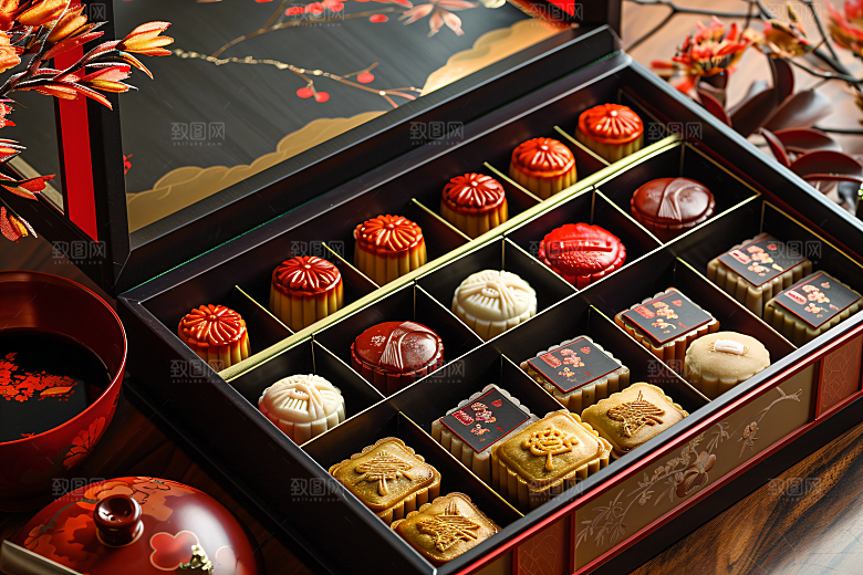 中秋月饼礼盒传统节日精致摄影图