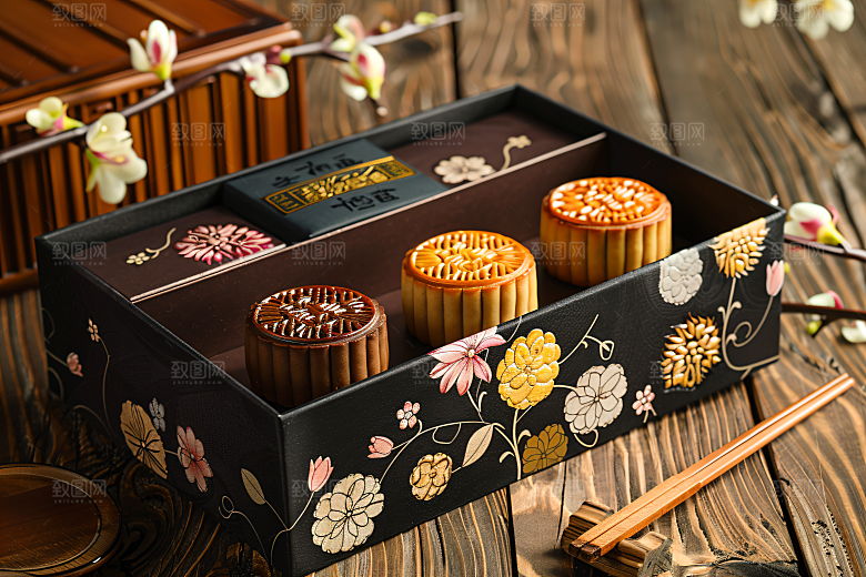 中秋月饼礼盒中秋节美味摄影图