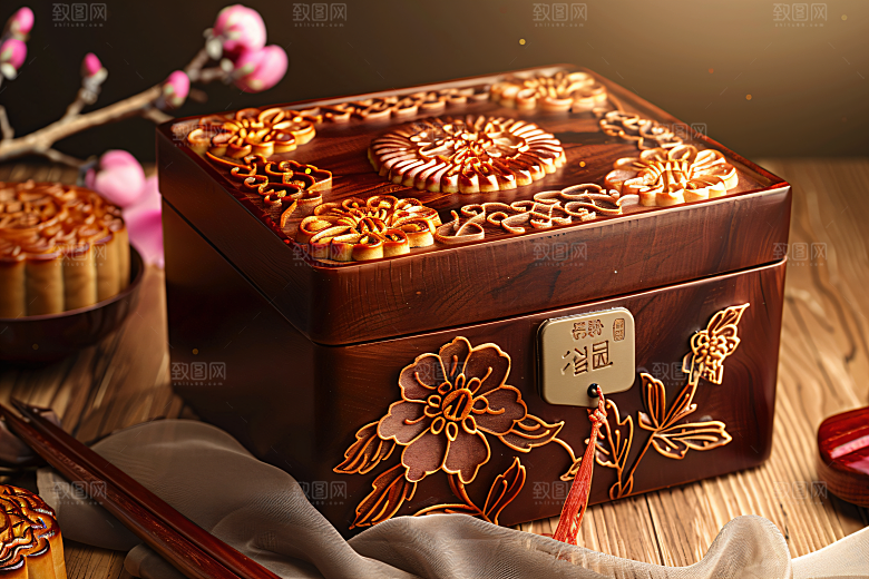 中秋月饼礼盒广式月饼甜点摄影图