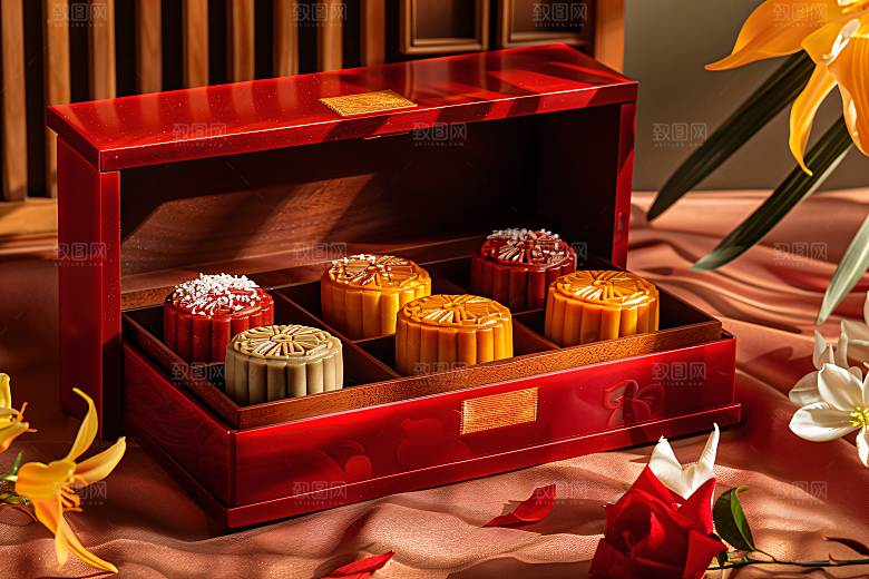 中秋月饼礼盒美食莲蓉月饼摄影图