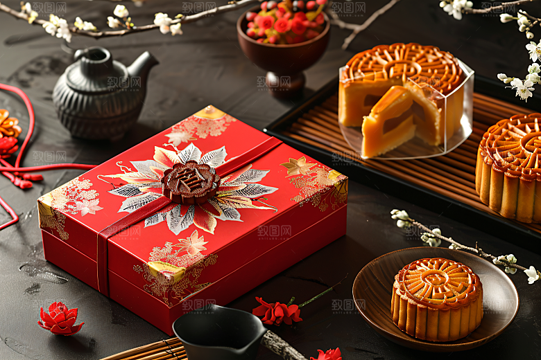 中秋月饼礼盒美食精致摄影图