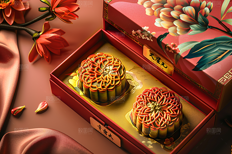 中秋月饼礼盒广式月饼美味摄影图