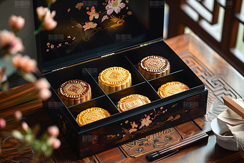 中秋月饼礼盒甜点糕点摄影图