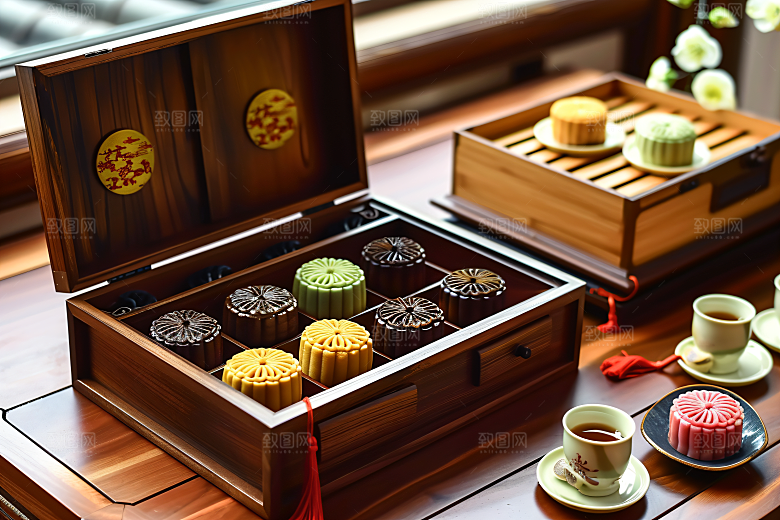 中秋月饼礼盒美味甜点摄影图