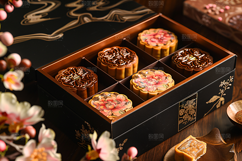 中秋月饼礼盒糕点甜点摄影图