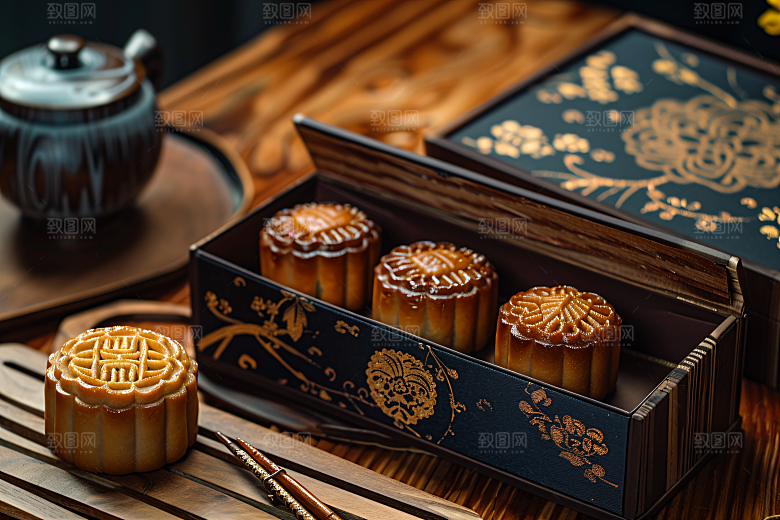 中秋月饼礼盒习俗精致摄影图