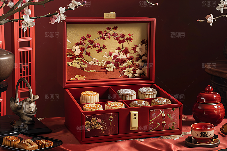 中秋月饼礼盒甜点广式月饼摄影图