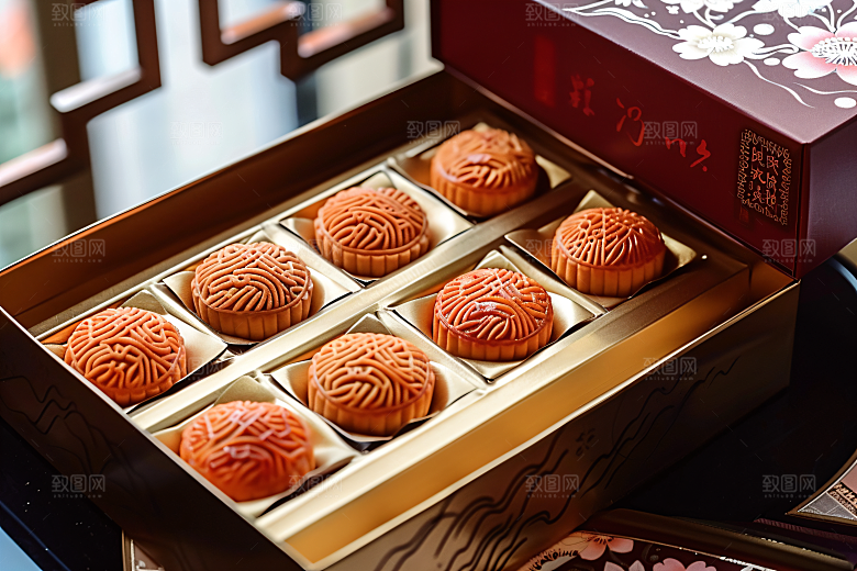 中秋月饼礼盒精致传统美食摄影图