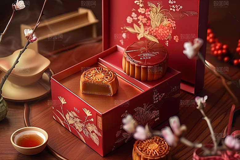 中秋月饼礼盒传统美食习俗摄影图