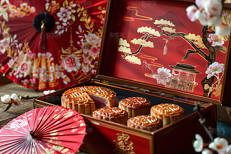 中秋月饼礼盒广式月饼高清摄影图