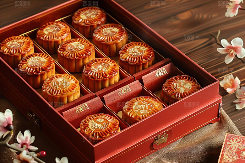 中秋月饼礼盒广式月饼美味摄影图